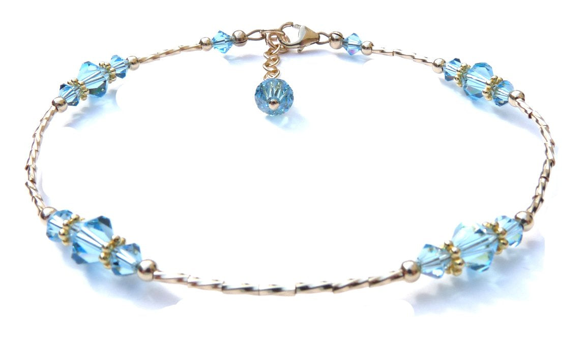 Aquamarine March Birthstone Anklet Gold Handmade Crystal Beaded Ankle Bracelet Birthday Gift for Her
