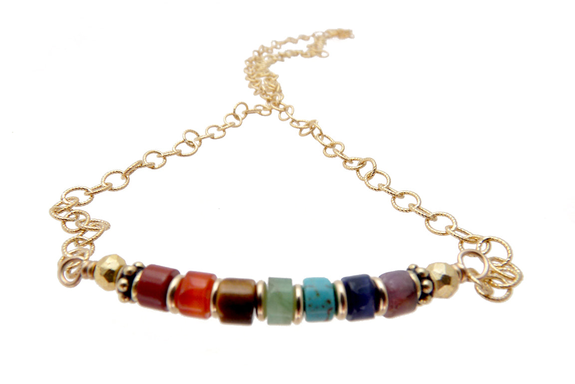 14K GF Gold 7 Chakra Necklace, Bar Necklace, Reiki Necklace, Minimalist Yoga Gift. Authentic Chakra Gemstone Necklace NEC-CHA22