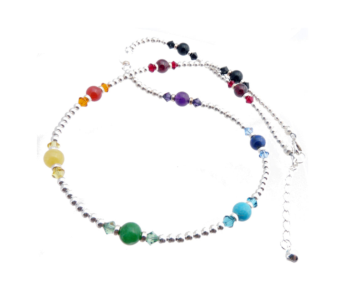 Silver Chakra Gemstone Necklace Authentic 7 Stone Chakra Balancing, Alignment, Healing Crystals NEC-CHA04