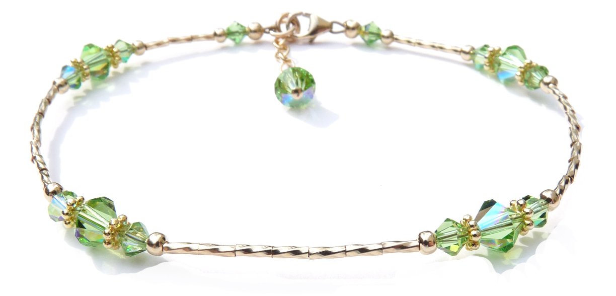 Peridot August Birthstone Anklets, Gold Handmade Crystal Beaded Ankle Bracelets
