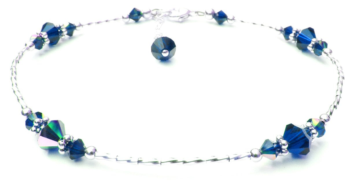 Dark Sapphire September Silver Handmade Birthstone Crystal Beaded Ankle Bracelet Birthday Gift for Her