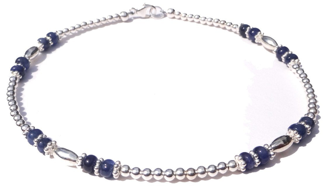 Blue Sapphire Anklet, September Silver Handmade Birthstone Crystal Beaded Ankle Bracelet Birthday Gift for Her