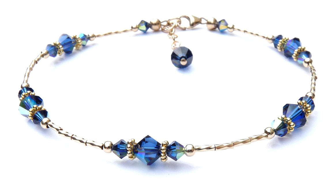 Dark Sapphire September Gold Handmade Crystal Birthstone Beaded Anklets Bracelets