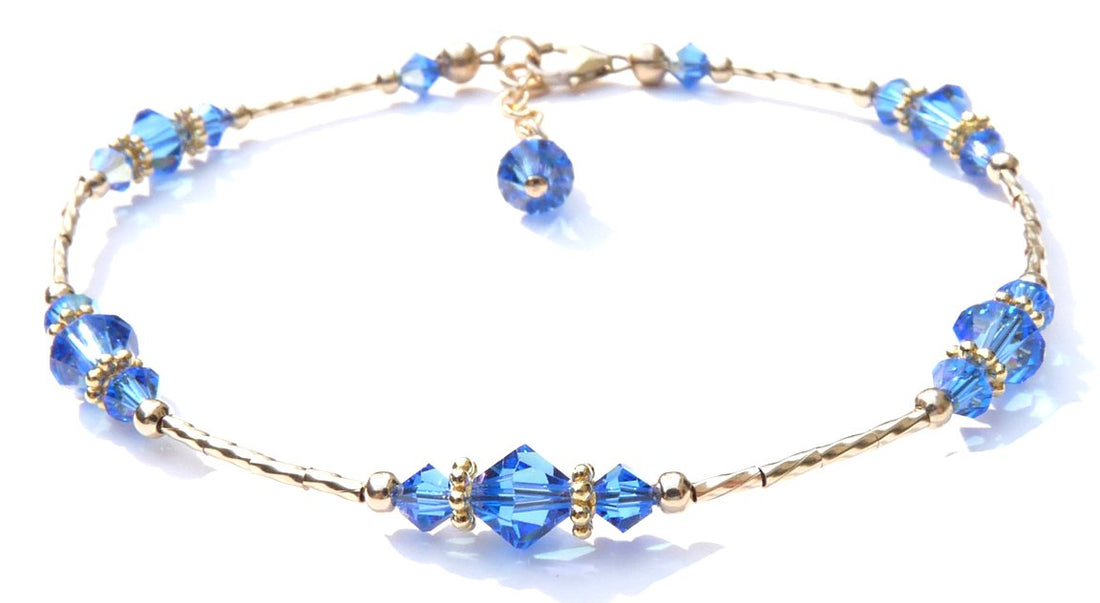 Light Sapphire September Birthstone Anklet Gold Handmade Crystal Beaded Ankle Bracelets