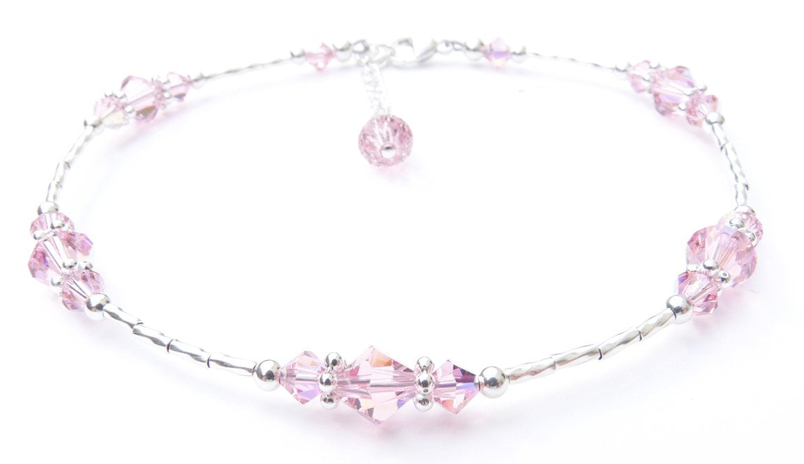 Pastel Pink Tourmaline October Birthstone Anklet Silver Handmade Crystal Beaded Ankle Bracelets