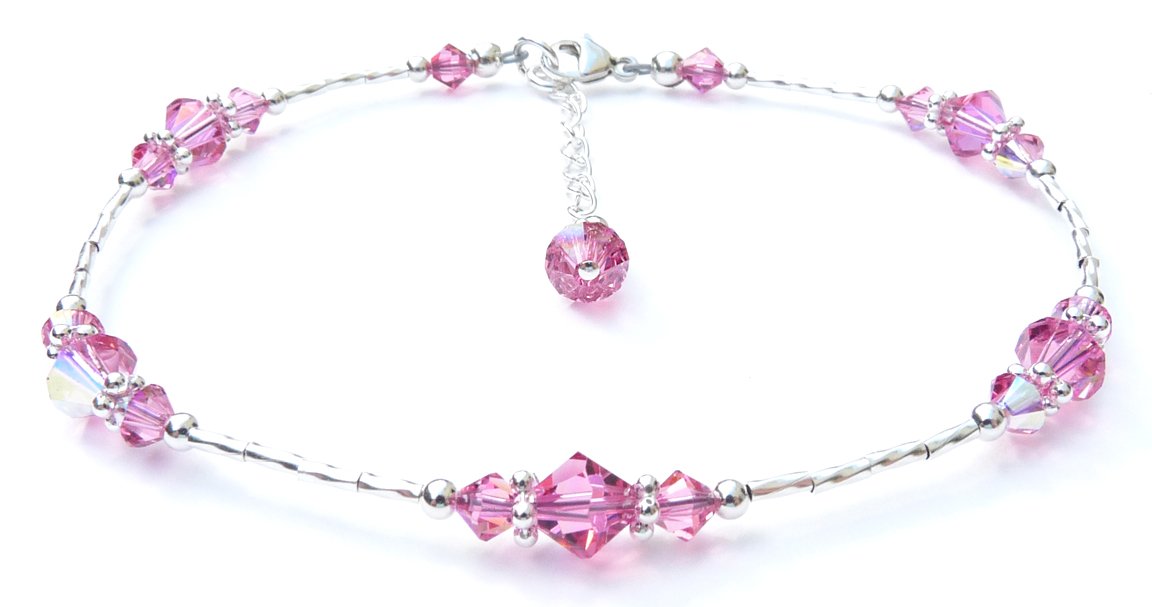 Pink Tourmaline October Silver Handmade Crystal Birthstone Beaded Anklets Bracelets