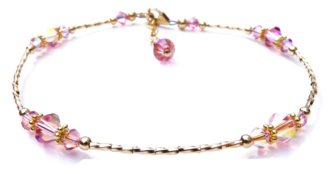 Pastel Pink Tourmaline October Birthstone Anklet Gold Handmade Crystal Beaded Ankle Bracelets