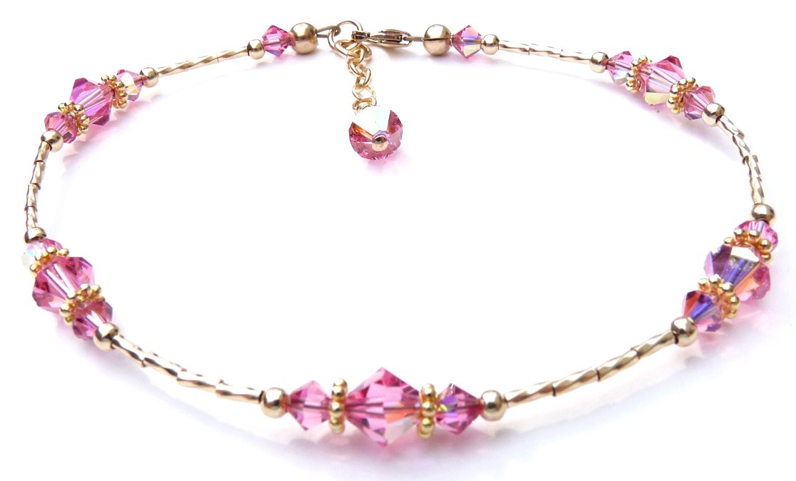 Pink Tourmaline October Birthstone Anklet Gold Handmade Crystal Beaded Ankle Bracelets