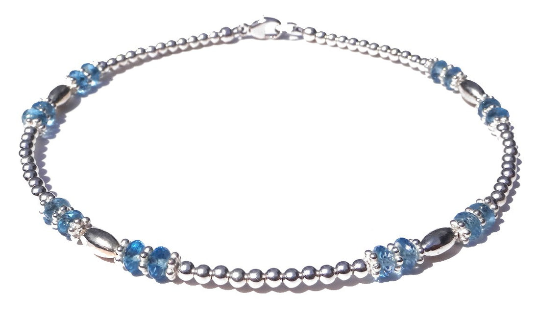 Blue Topaz Anklet, November Silver Handmade Birthstone Crystal Beaded Ankle Bracelet Birthday Gift for Her