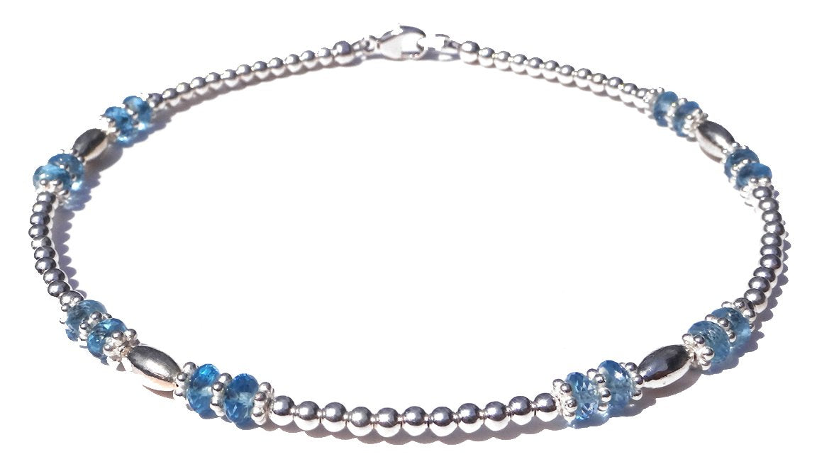 Blue Topaz Anklet, November Silver Handmade Birthstone Crystal Beaded Ankle Bracelet Birthday Gift for Her