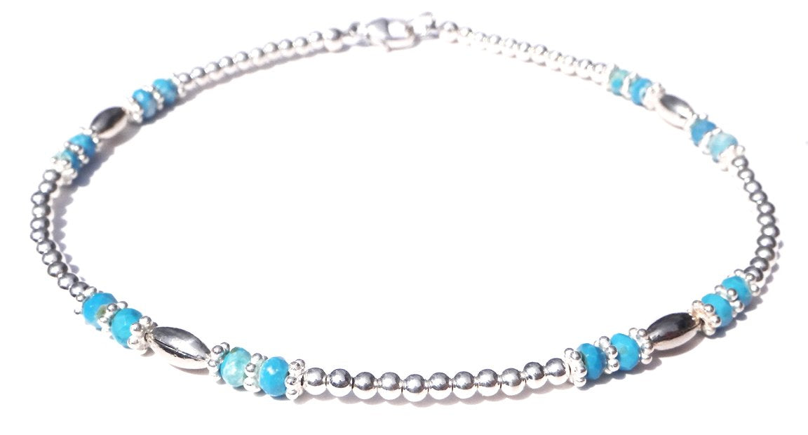Blue Turquoise Anklet, December Silver Handmade Birthstone Crystal Beaded Ankle Bracelet Birthday Gift for Her