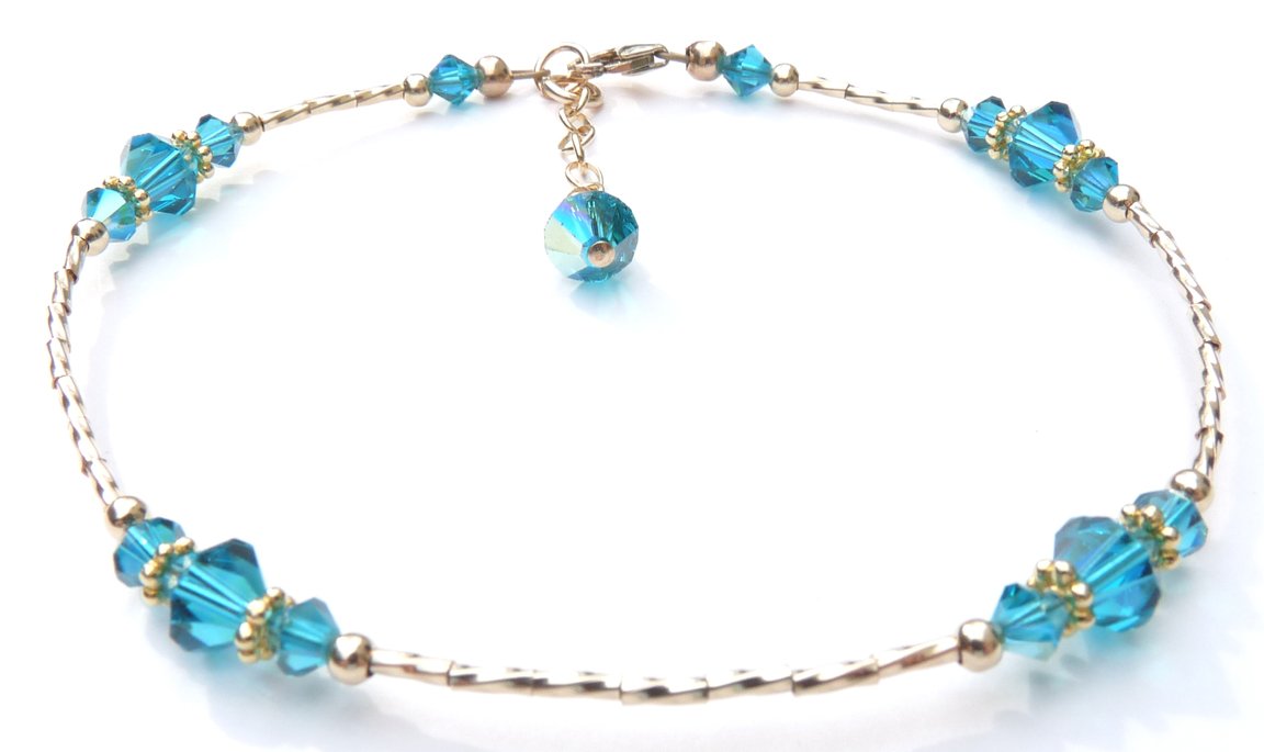 Blue Zircon December Birthstone Anklet Gold Handmade Crystal Beaded Ankle Bracelet Birthday Gift for Her