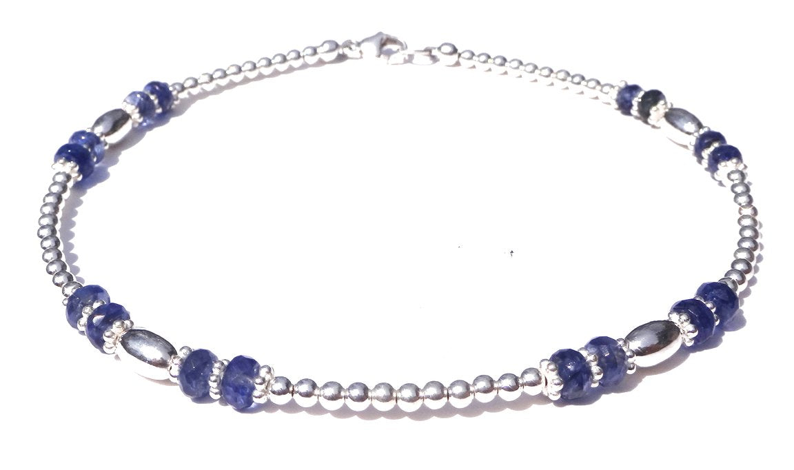 Blue Iolite Anklet, Silver Handmade Birthstone Crystal Beaded Ankle Bracelet Birthday Gift for Her