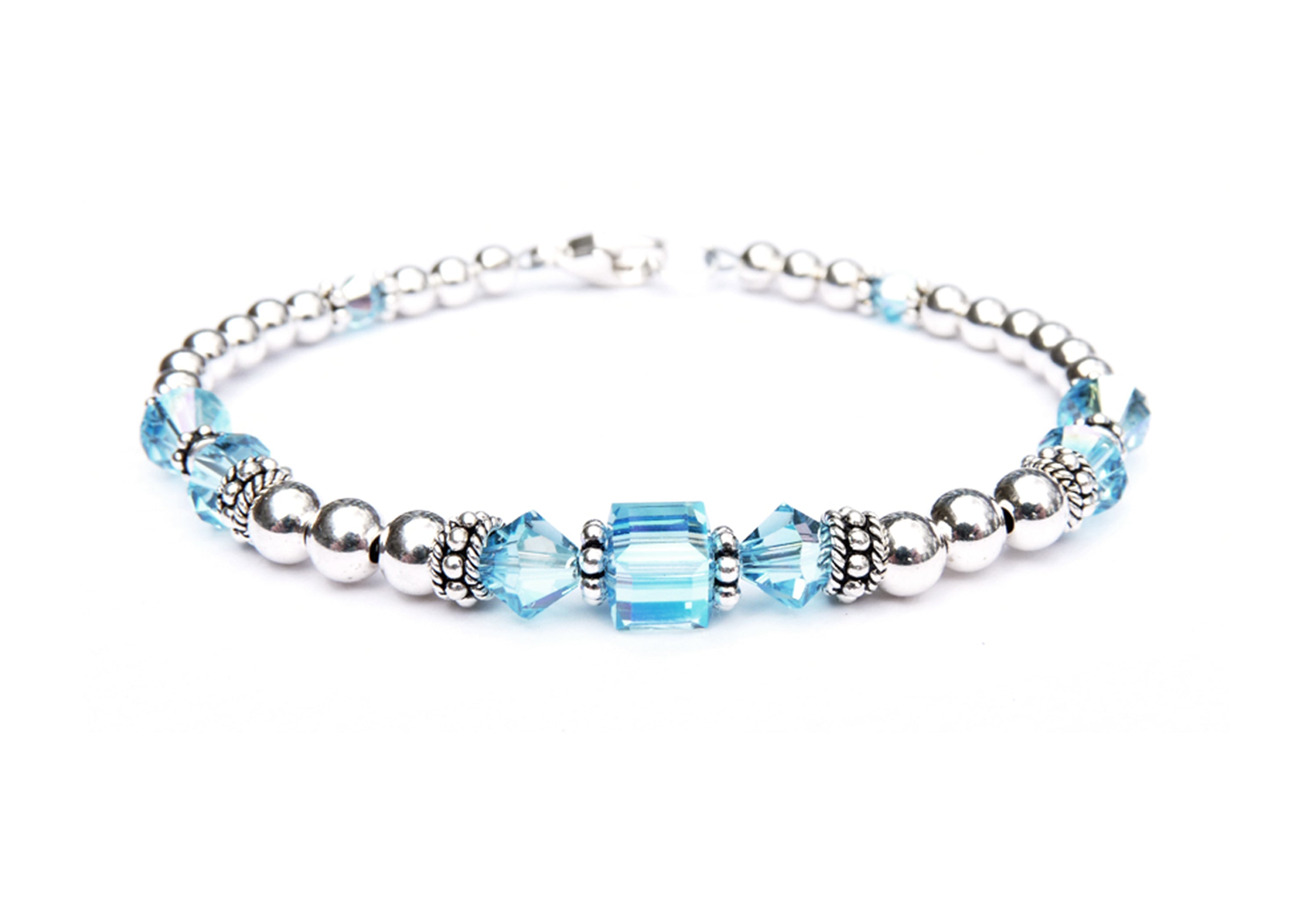 Aquamarine Bracelets, March Birthstone Bracelets, Handmade Silver Blue Crystal Jewelry Bracelets