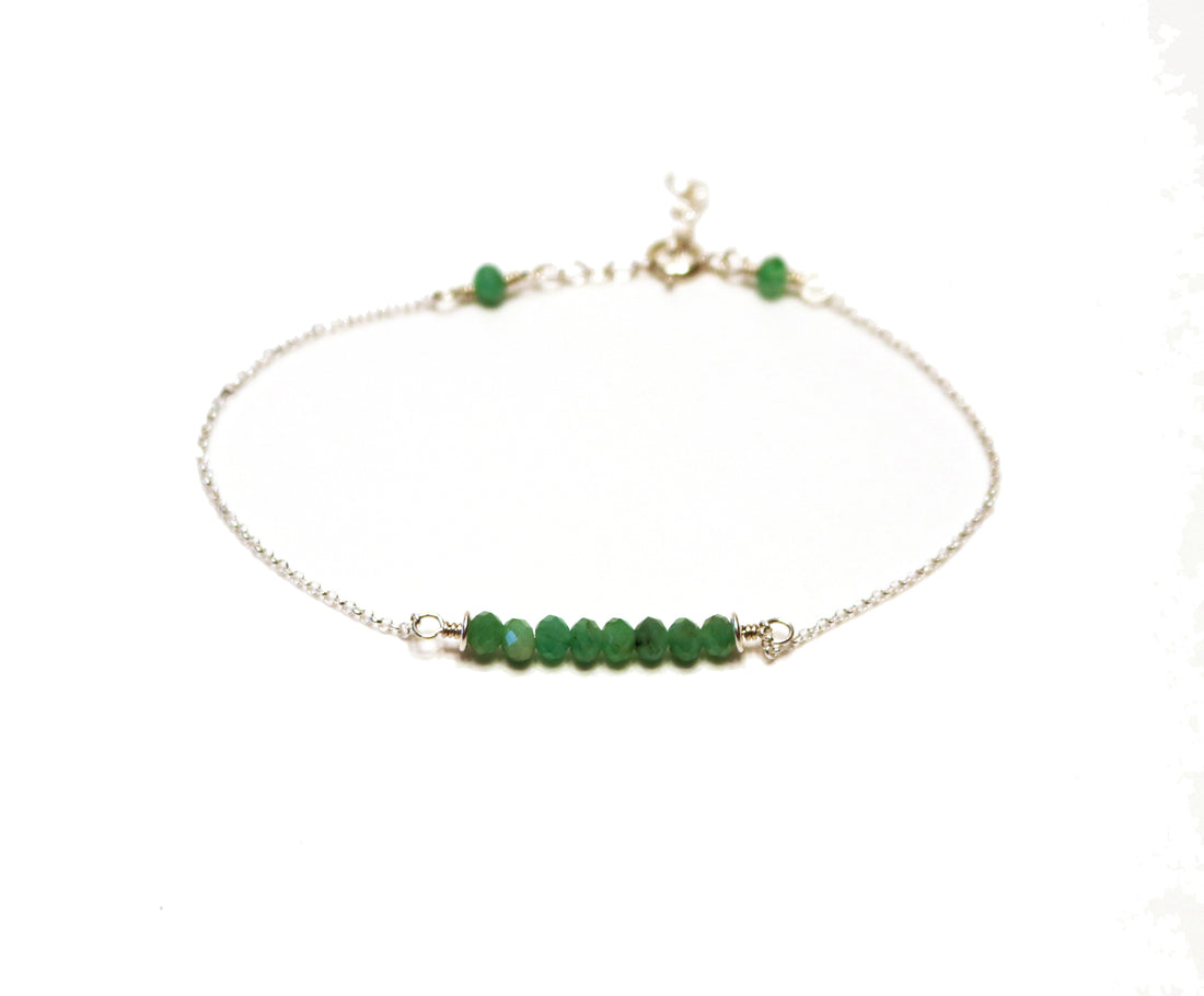 Emerald Bracelet, Personalized Letter Initial Name Bracelet, Gemstone Bar Bracelet, Birthstone Jewelry, Handmade Sterling Silver Adjustable