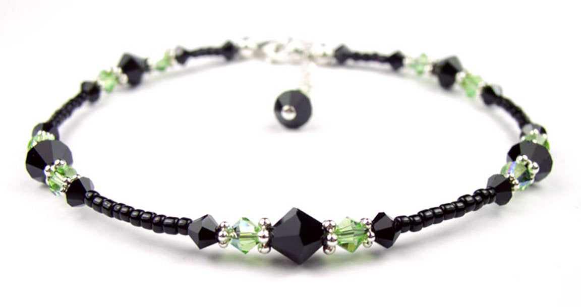 Peridot Anklet, August Birthstone Anklet, Handmade Beaded Anklet, Colorful Seed Bead Anklet, Black Beaded Anklet, Crystal Anklet, Cute Boho Anklet