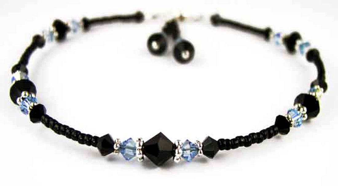 Black Anklet, Aquamarine March Birthstone Anklet, Handmade Beaded Anklet, Seed Bead Anklet, Cute Crystal Boho Anklet