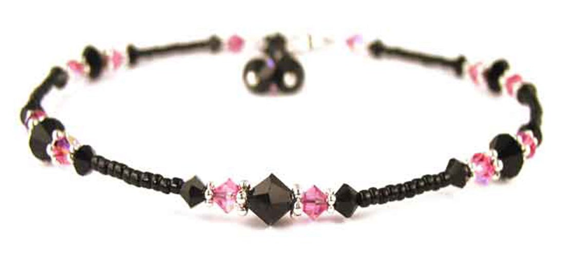 Pink Tourmaline Anklet, October Birthstone Anklet, Handmade Beaded Anklet, Colorful Seed Bead Anklet, Black Beaded Anklet, Crystal Anklet, Cute Boho Anklet