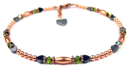 Handmade Copper Anklets, Beaded Anklets, Peridot Crystal August Birthstone Anklets