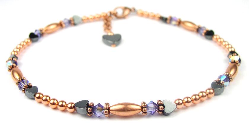 Handmade Copper Anklets, Beaded Anklets, Tanzanite Crystal December Birthstone Anklets