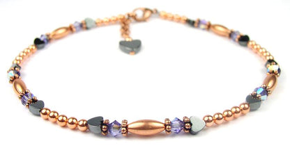 Handmade Copper Anklets, Beaded Anklets, Tanzanite Crystal December Birthstone Anklets