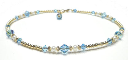 Handmade Gold Aquamarine Anklet, March Birthstone Anklet, Gold Beaded Ankle Bracelet