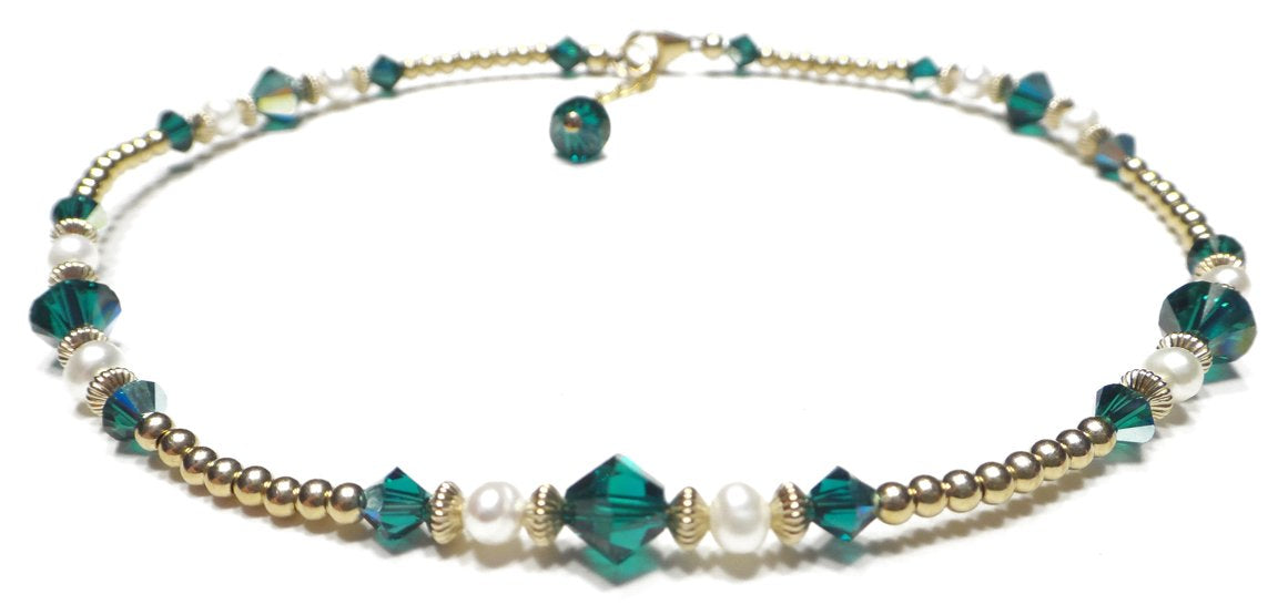 Handmade Gold Emerald Anklet, May Birthstone Anklet, Gold Beaded Ankle Bracelet