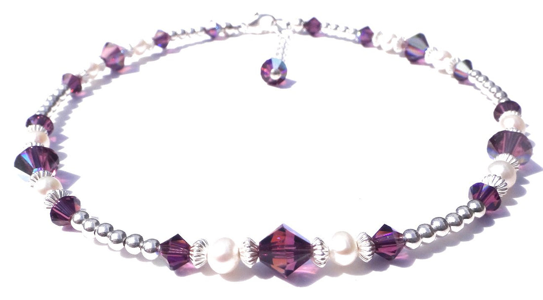 Silver Amethyst Anklet, February Birthstone Crystal Beaded Ankle Bracelets, Colorful BoHo Seed Bead Anklets