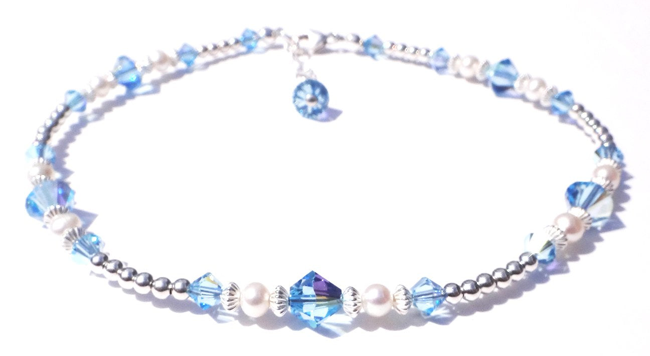 Silver Aquamarine Anklet, March Birthstone Crystal Beaded Ankle Bracelets, Colorful BoHo Seed Bead Anklets