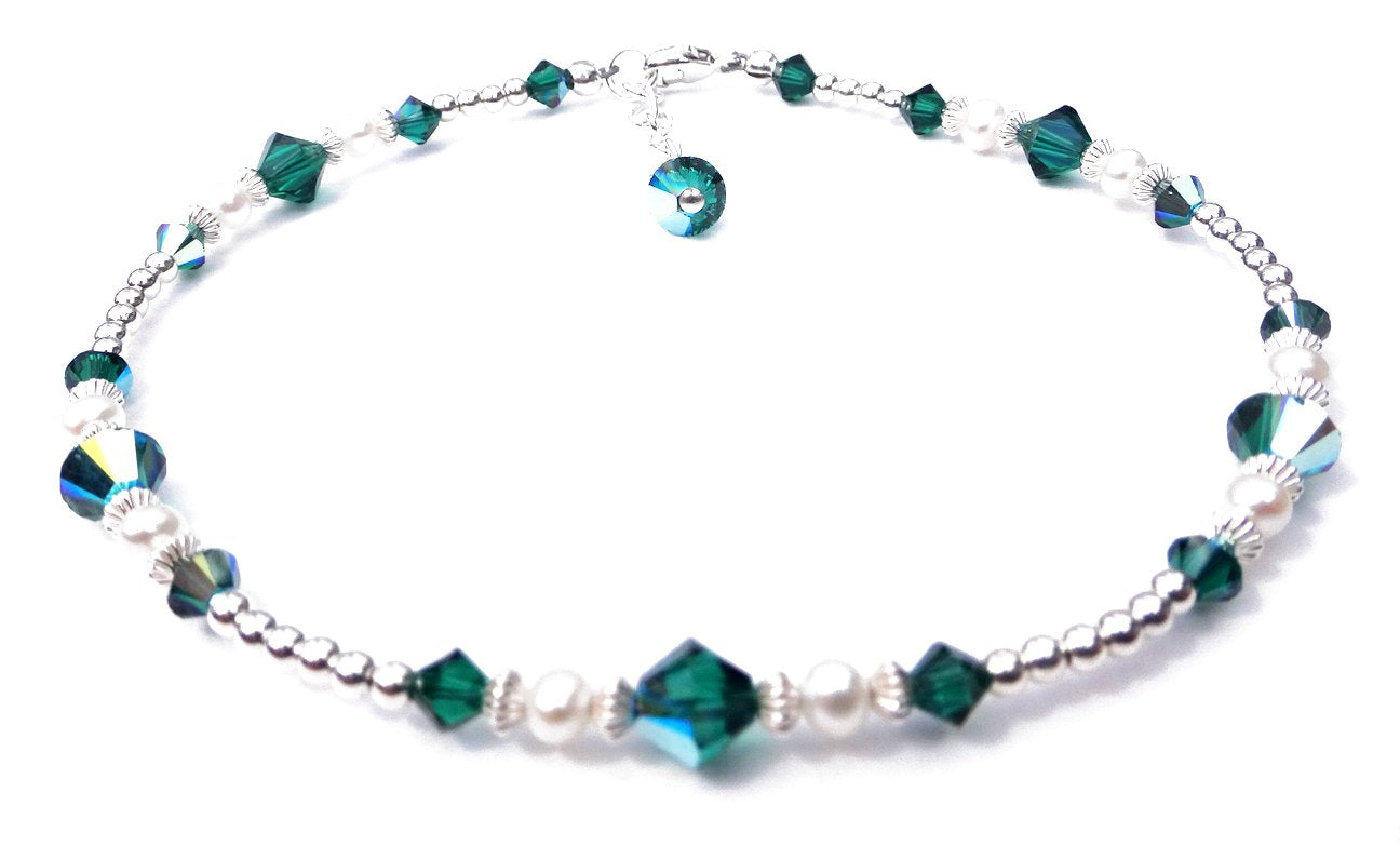 Silver Emerald Anklet, May Birthstone Crystal Beaded Ankle Bracelets, Colorful BoHo Seed Bead Anklets