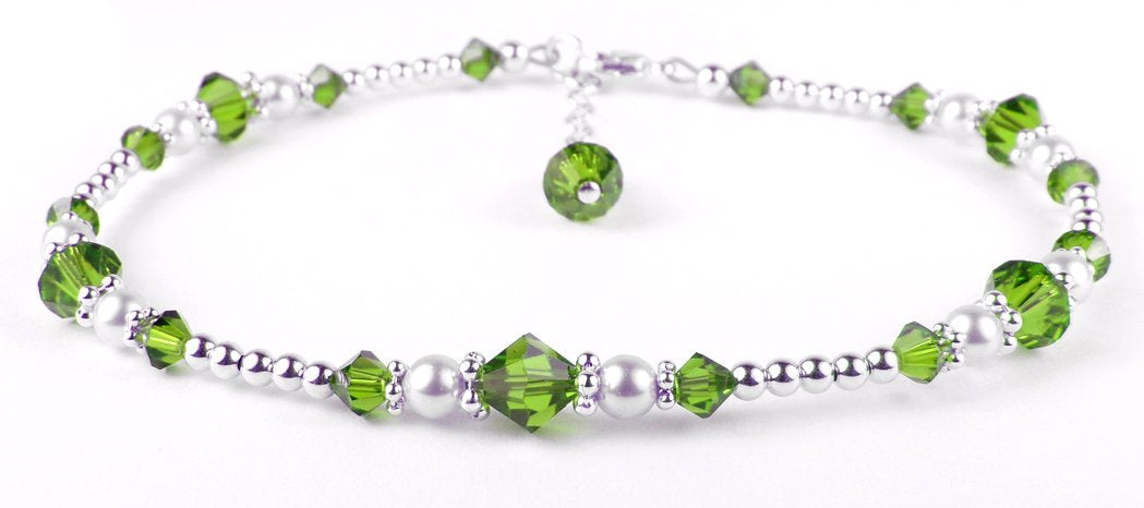 Silver Peridot Anklet, August Birthstone Crystal Beaded Ankle Bracelets, Colorful BoHo Seed Bead Anklets