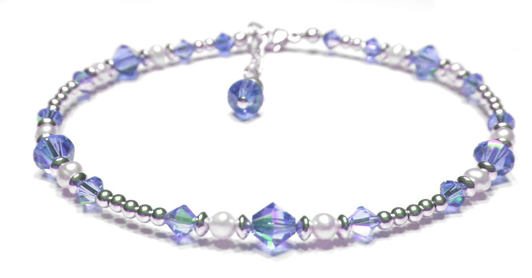 Silver Sapphire Anklet, September Birthstone Crystal Beaded Ankle Bracelets, Colorful BoHo Seed Bead Anklets