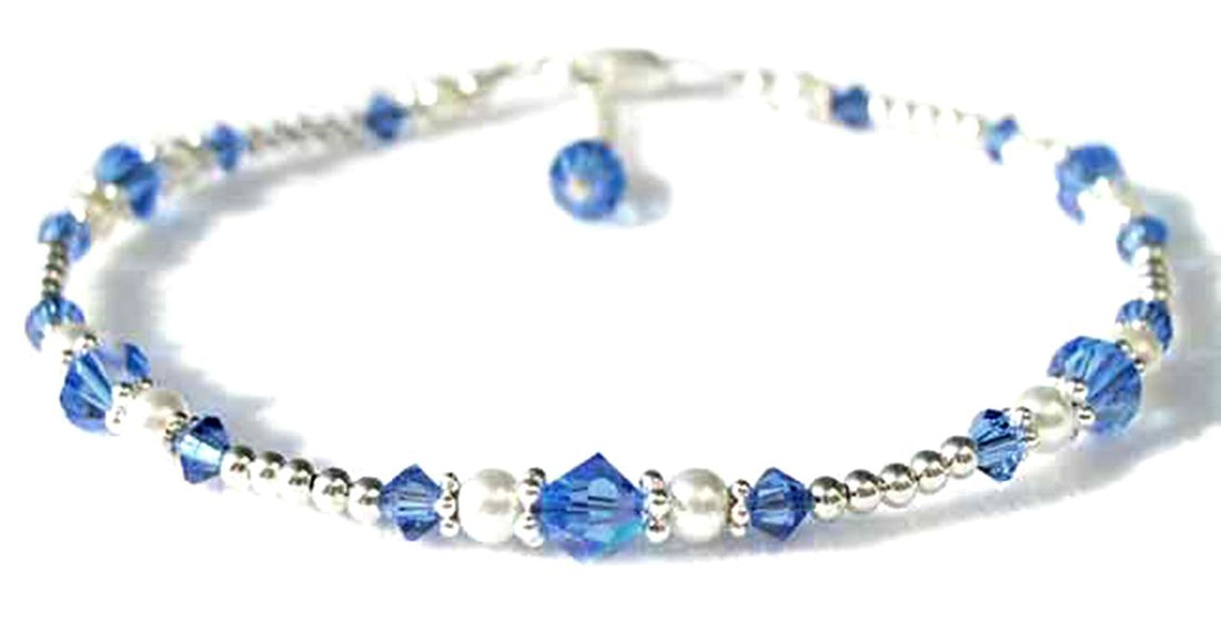 Silver Sapphire Anklet, September Birthstone Crystal Beaded Ankle Bracelets, Colorful BoHo Seed Bead Anklets