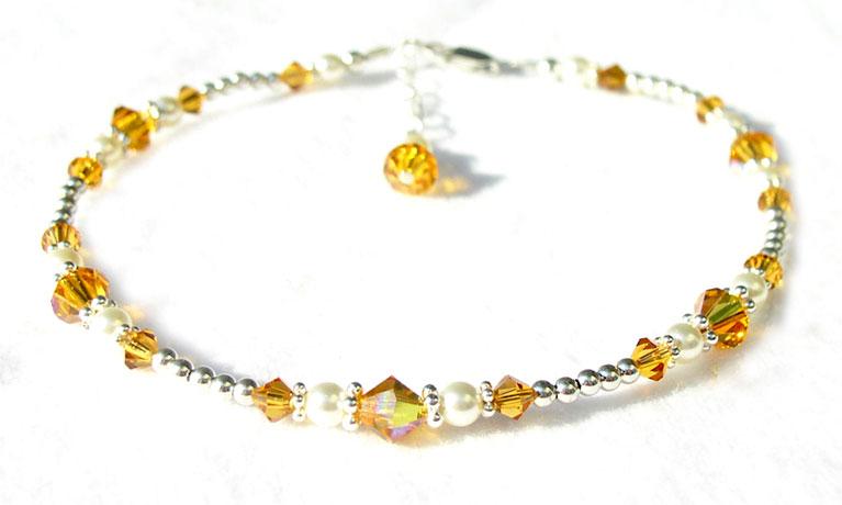 Silver Citrine Anklet, November Birthstone Crystal Beaded Ankle Bracelets, Colorful BoHo Seed Bead Anklets