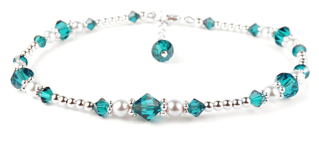 Silver Blue Zircon Anklet, December Birthstone Crystal Beaded Ankle Bracelets, Colorful BoHo Seed Bead Anklets