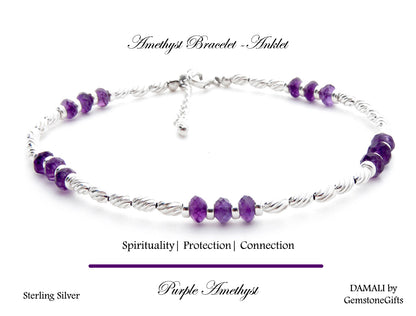 Purple Amethyst Anklet, February Birthstone Anklet, Handmade Gemstone Anklet, Silver Beaded Anklet