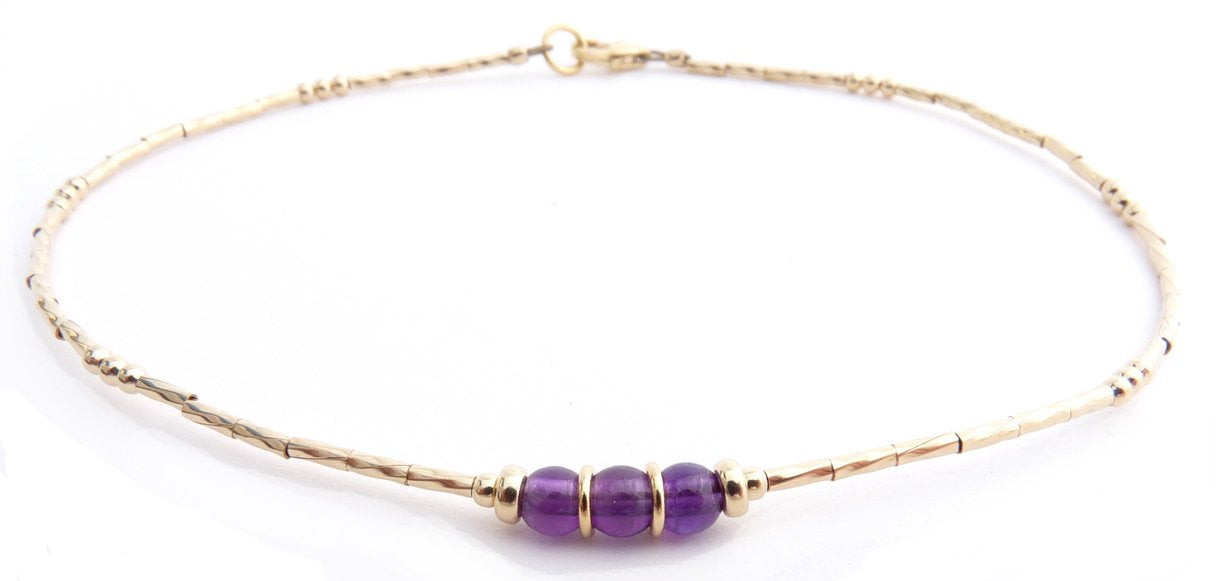 Amethyst February 14K Gold Filled Handmade Birthstone Crystal Beaded Ankle Bracelet Birthday Gift for Her