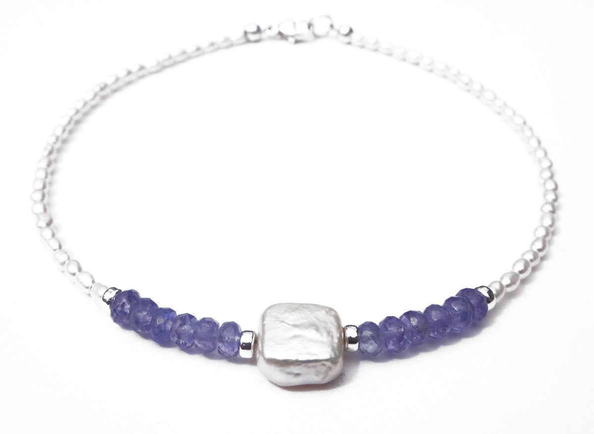 Handmade Silver Freshwater Pearl Gemstone Beaded Anklets Tanzanite December