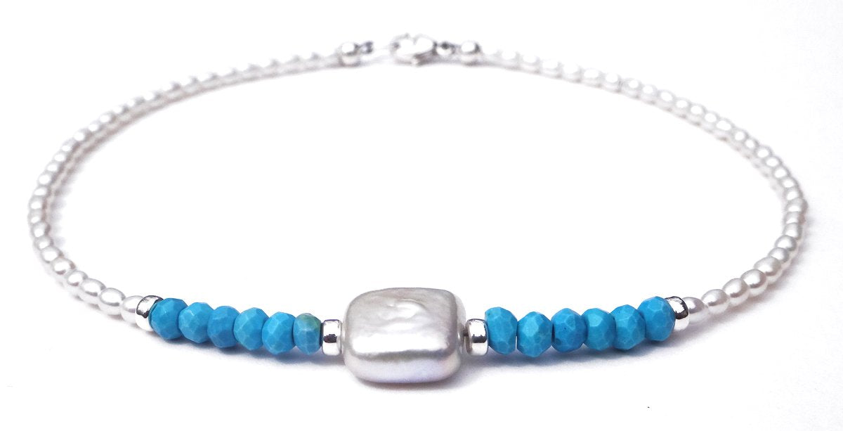 Handmade Silver Freshwater Pearl Gemstone Beaded Anklets Turquoise
