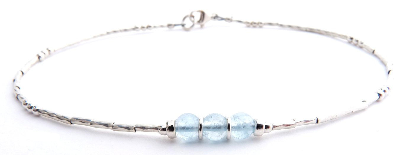 Aquamarine March 925 Silver Minimalist Handmade Birthstone Crystal Beaded Ankle Bracelet Birthday Gift for Her