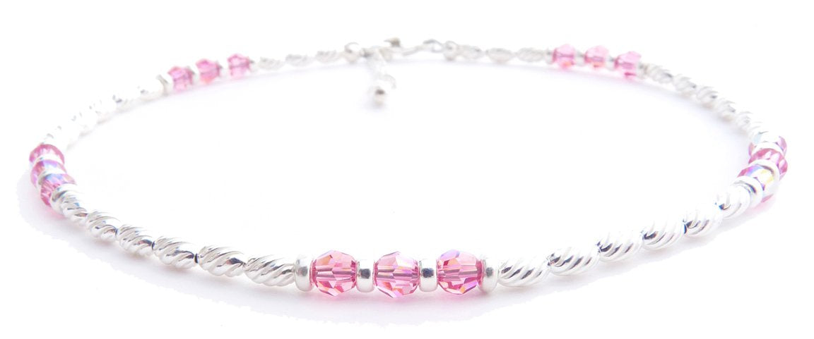 Handmade Pink Tourmaline Anklet, October Birthstone Anklet, Sterling Silver Crystal Beaded Anklet