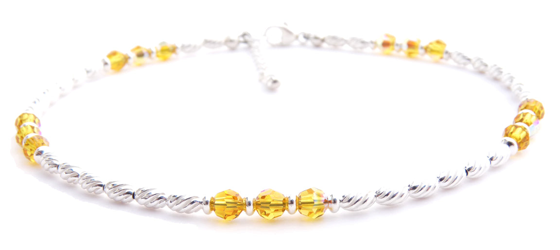 Handmade Yellow Citrine Anklet, November Birthstone Anklet, Sterling Silver Crystal Beaded Anklet