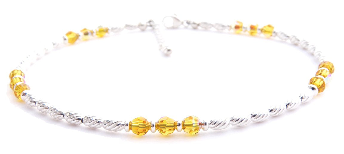 Handmade Yellow Topaz Anklet, November Birthstone Anklet, Sterling Silver Crystal Beaded Anklet