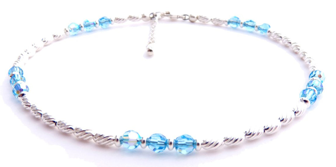 Handmade Aquamarine Anklet, March Birthstone Anklet, Sterling Silver Crystal Beaded Anklet