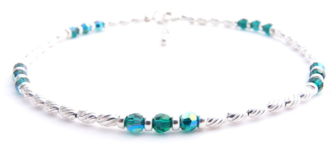 Handmade Emerald Anklet, May Birthstone Anklet, Sterling Silver Crystal Beaded Anklet