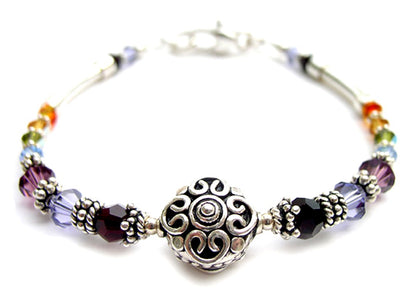 Victorian Chakra Bracelet, Silver Crystal Jewelry Mindfulness Gift Protection, Beaded Bracelet Medatation Gifts B7005