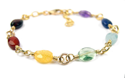 Dainty Tennis Style Chakra Bracelet, 14K Gold Filled Mindfulness Gift, Real Crystals Gemstone Meditation Gifts B7016