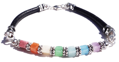 Black Leather Pastel Chakra Bracelets, Mindfulness Gift, Real Crystals Protection, Gemstone Bracelet Medatation Gifts B7023