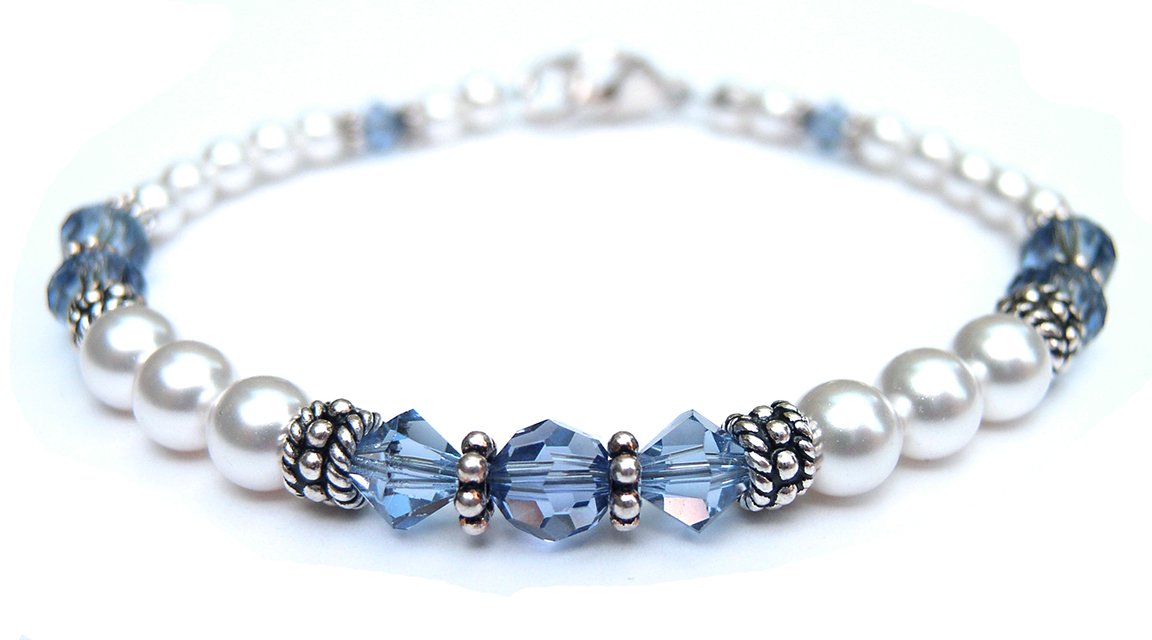 Aquamarine March Birthstone Bracelets, Genuine Freshwater Pearl Crystal Jewelry Beaded Bracelet