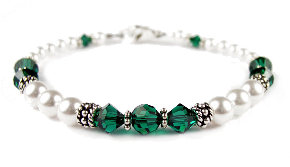 Emerald May Birthstone Bracelets, Genuine Freshwater Pearl Crystal Jewelry Beaded Bracelet